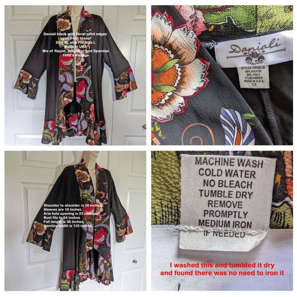 Daniali black with floral print edges open front blazer, Sz XL, also fits Sz L, - Picture 4 of 15